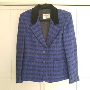 Jaeger London Blazer Jacket Blue‎ Black Patterned Velvet Trim Cobalt